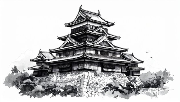 Custom AI Model,水墨画で描かれた熊本城の勇壮な佇まい