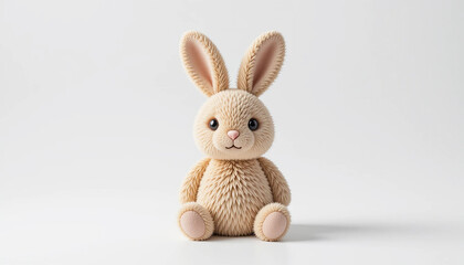 A fluffy beige bunny sits patiently waiting for a loving hug and new adventures on a crisp white surface casting soft