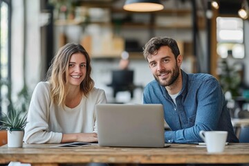 Smiling young man and woman sitting at wooden table with laptop and coffee cup in modern bright office environment