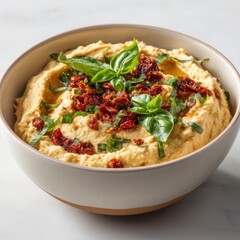 Sun dried tomato and basil hummus in a bowl