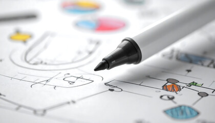 White marker tip points at a detailed hand-drawn diagram on white paper, showing a brainstorming or planning process.