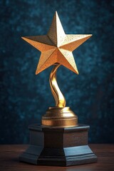 Golden star-shaped trophy with a twisted stem on a dark wooden base against a textured blue background conveying achievement and excellence