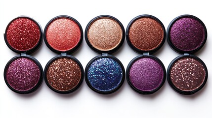 Iridescent beauty: a palette of vibrant glitter eyeshadows, casting a radiant, shimmering glow