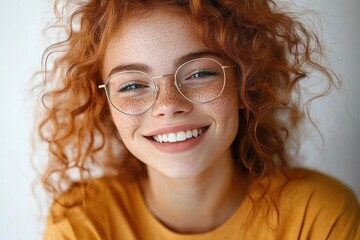 Obraz premium Close-up portrait of a young woman with curly red hair, freckles, and glasses smiling warmly against a plain background