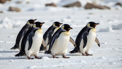Naklejka premium Group of Penguins Sliding on Ice in a Natural Winter Habitat, Capturing Playful Behavior and Adaptation to Extreme Environments