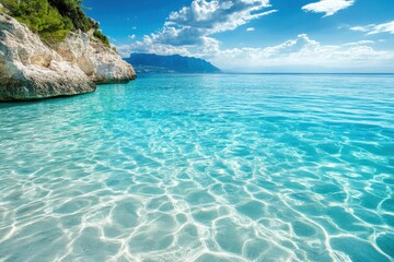 Fototapeta premium Clear turquoise water in the Ionian Sea invites relaxation in Zakynthos, Greece, Crystal clear turquoise water of Ionian sea in Zakynthos island coast Greece