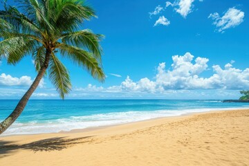 Fototapeta premium Tropical coastline with palm trees and pristine golden sand beach under a bright blue sky, Beautiful tropical coast paradise with sand beach, palm tree and vivid blue sky