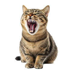 Growling cat in furious and scared pose on white background showcasing fierce expression and open mouth, Growling Cat Furious and Scared Pose on white background