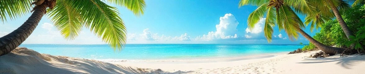 Fototapeta premium Sun-drenched beach scene with clear turquoise water, inviting sand, and lush palm trees swaying gently in the warm breeze Perfect for summer vacation or travel themes , beach, ocean