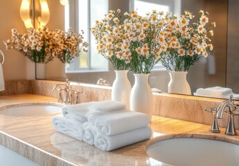 Tidy bathroom countertop with white rolled towels and three vases of fresh small white and yellow flowers against a large mirror reflecting the arrangement and soft natural light from a window