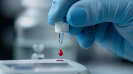 Close-up of diabetic finger prick test with blood drop on glucose meter, diabetes care and monitoring, health checkup and medical examination concept.