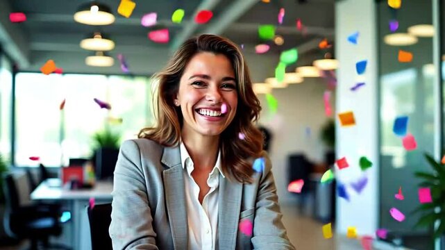 Happy Businesswoman Celebrating Success in Office