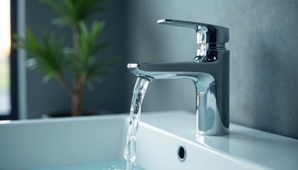Close-up of a modern bathroom faucet with water dripping , stainless steel, bathroom accessories