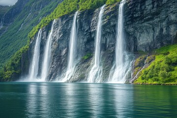 Fototapeta premium Majestic Seven Sisters Waterfall cascading into Geirangerfjord in Norway breathtaking landscape, Geiranger fjord, waterfall Seven Sisters Beautiful Nature Norway natural landscape