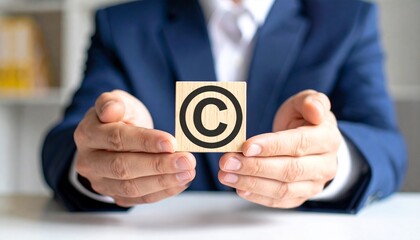Person carefully holding a wooden cube with copyright symbol