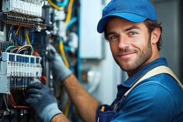 Smiling electrician wearing blue cap and gloves working on a complex electrical panel with colorful wires and switches