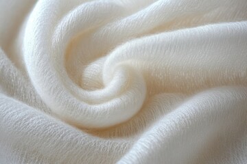 Close-up view of soft, fluffy cream-colored fabric with fine fibers creating gentle folds and a cozy texture