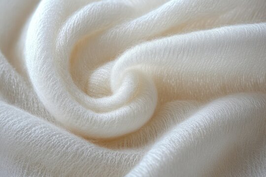 Close-up view of soft, fluffy cream-colored fabric with fine fibers creating gentle folds and a cozy texture - Powered by Adobe