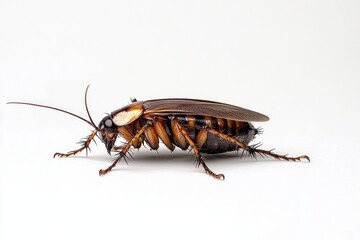 Naklejka premium close-up of a brown and black cockroach with detailed wings and antennae on a white background