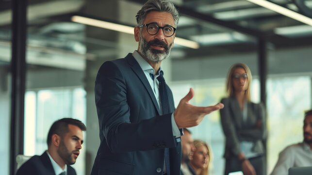 A business leader motivating a team to seize opportunities for growth and innovation.