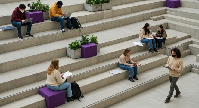 Diverse Students Studying and Working in a Modern University Amphitheater , university, students, studying, modern, tiered seating, amphitheater, campus, diverse, young adults