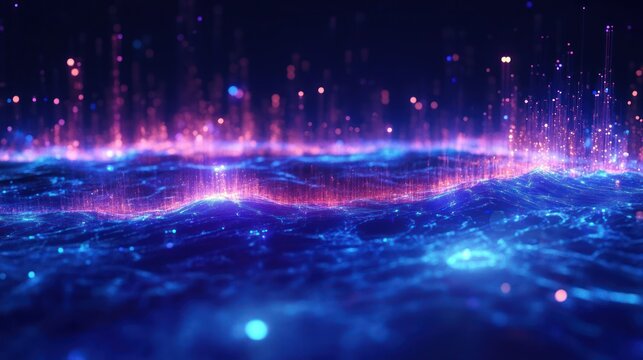 Abstract digital landscape with glowing blue waves and vertical pink light particles rising from the surface, evoking a futuristic and dynamic atmosphere