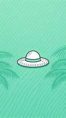 Summer Vacation Concept with White Hat and Palm Leaves on Green Background