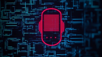 Digital microphone illustration with neon circuitry background.