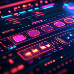Futuristic interface with vibrant neon lights and abstract patterns.
