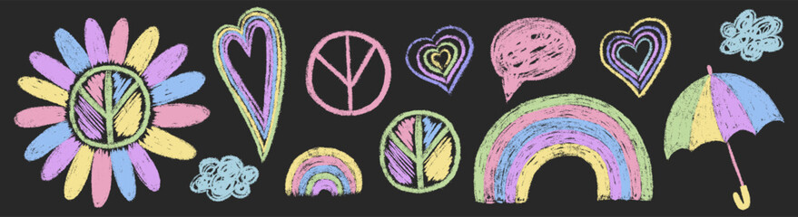 Kids chalk pastel rainbow drawings set. Crayon texture umbrella, peace sign, heart, flower. Collection freehand child baby hand drawn scribble element. Vector illustration isolated on black background