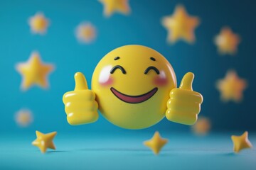 Happy face surrounded by thumbs up and stars celebrating customer satisfaction, Happy face surrounded by thumbsup and stars, customer satisfaction theme