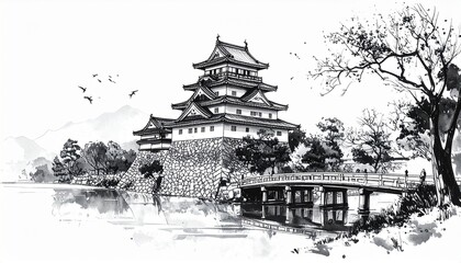 Custom AI Model,水墨画で描かれた江戸城と堀の風景