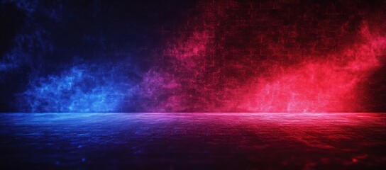 Empty dark textured floor and brick wall illuminated by contrasting blue and red light with smoky mist creating dramatic atmosphere