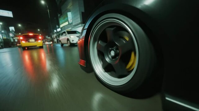 Dynamic close-up of a jdm high-performance car tire skidding on wet urban asphalt under neon streetlights