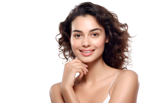 Beautiful woman's face glows, accentuated by her silver necklace and cream.
