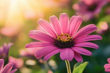 Fototapeta premium Vibrant pink daisy blooms in sunlight, showcasing delicate petals and striking colors, Closeup of vibrant pink daisy in sunlight