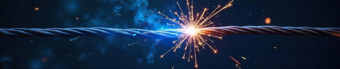 Fototapeta premium Close-up shot of sparking electrical wires, energy arcing between them, creating a vibrant display of blue and white light against a dark background , discharge, electric, bright