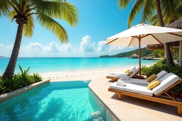 Obraz premium Exclusive summer VIP lounge, luxurious sunbeds, crystal-clear turquoise water, refreshing cocktails, ultimate relaxation, private beach access, high-end resort , exclusive, sunbeds