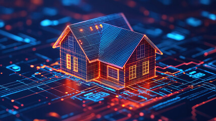Real estate insights visualized with a digital house model, graphs, and data on a tech-inspired