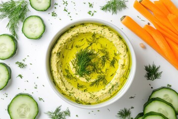 Delicious dill and olive oil hummus with cucumber and carrot sticks