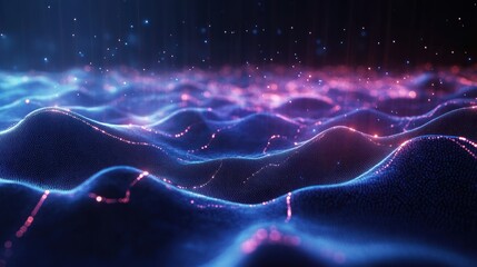 Abstract glowing blue and pink digital wave landscape with floating particles and smooth flowing curves creating a futuristic atmosphere