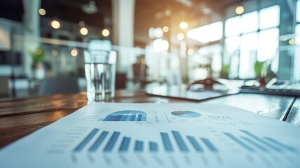 A printed analytics report with detailed charts and graphs on a conference table.