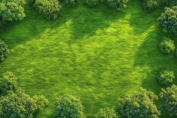 Aerial view of a vibrant green grass field surrounded by evenly spaced lush trees casting soft shadows under sunlight
