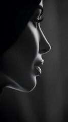 Monochrome Profile of a Woman's Face, Close Up. A dramatic black and white portrait showcasing feminine beauty and elegance.