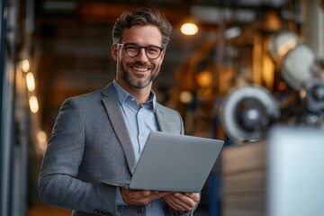 Smiling man in glasses and blazer working on laptop in a busy industrial workshop with warm lighting