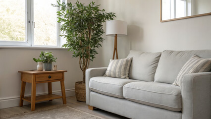 Cozy Outdoor Patio with Wooden Sofa, Cushions, Plants, and Warm Lamp Lighting