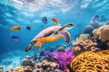 Fototapeta premium Lively underwater coral reef scene featuring a patterned sea turtle swimming among colorful corals and tropical fish