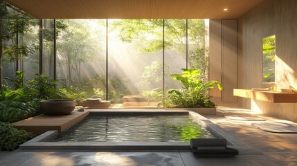 Fototapeta premium Serene bathing sanctuary harmoniously integrating verdant foliage with architectural design