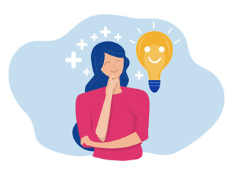 Positive thinking, optimistic mindset or good attitude  happy woman smiling lightbulb idea with positive vibes around