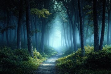 Obraz premium Misty forest path surrounded by tall trees and lush green bushes with soft light filtering through creating a mysterious and tranquil atmosphere